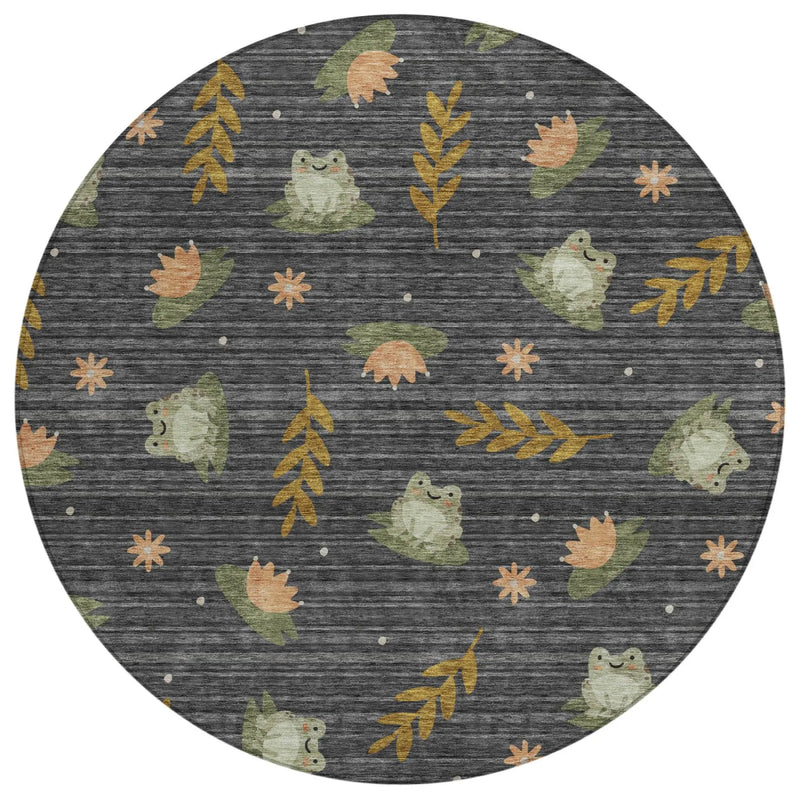 8' Black And Graphite Round Botanical Leaves Washable Indoor Outdoor Area Rug Homeroots Outdoor