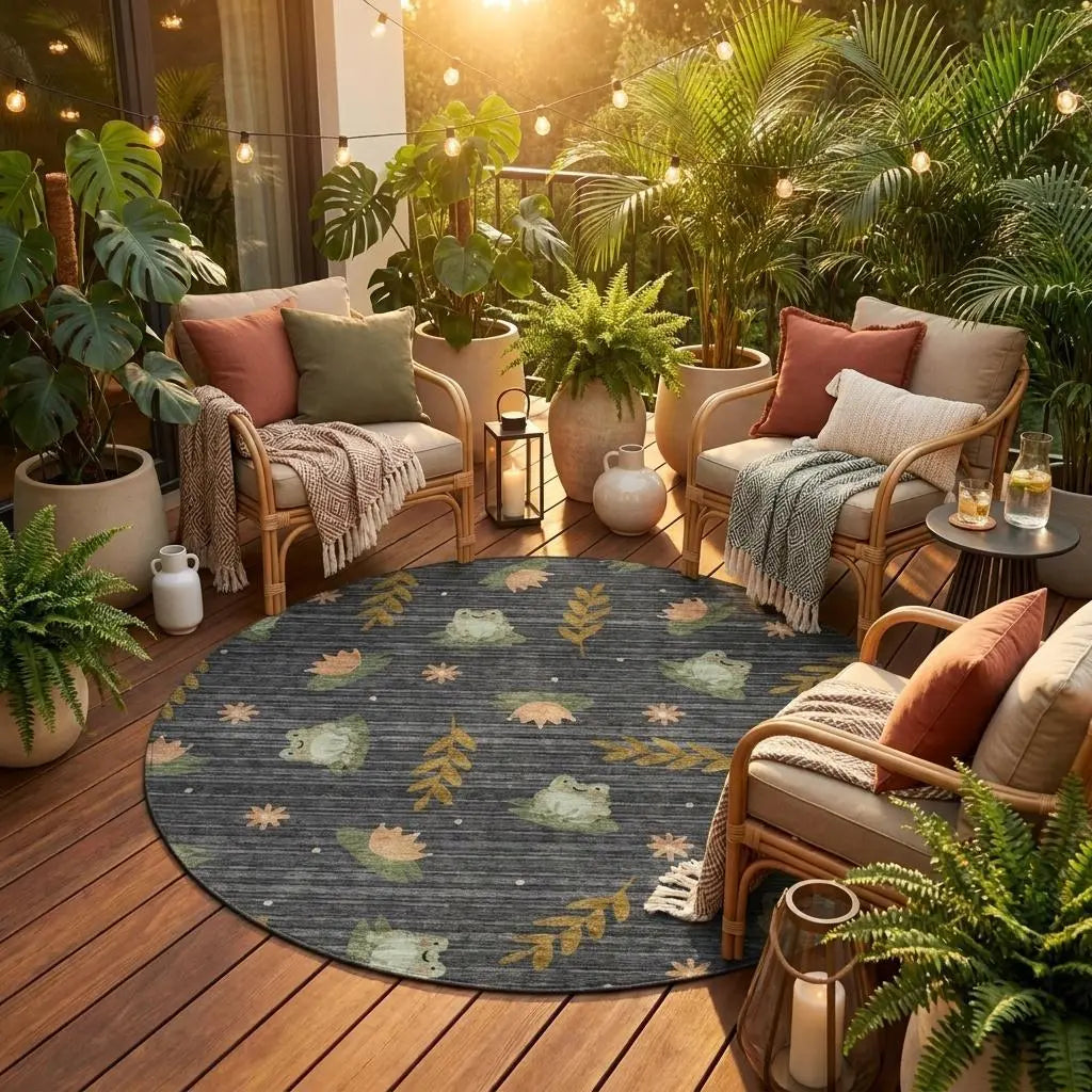 8' Black And Graphite Round Botanical Leaves Washable Indoor Outdoor Area Rug Homeroots Outdoor