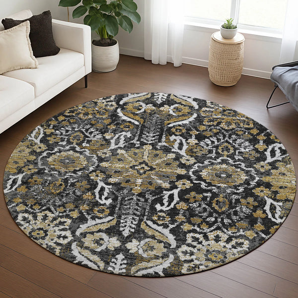 8' Black And Graphite Round Damask Washable Indoor Outdoor Area Rug Homeroots Outdoor