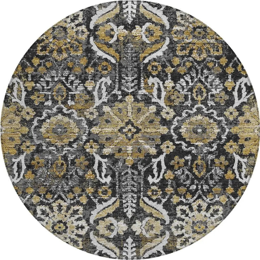 8' Black And Graphite Round Damask Washable Indoor Outdoor Area Rug Homeroots Outdoor