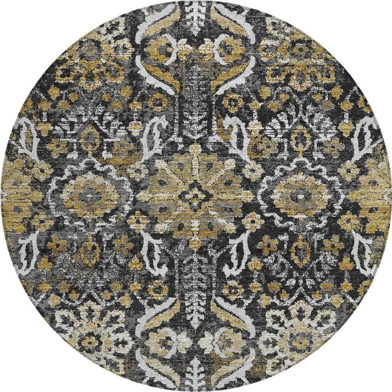 8' Black And Graphite Round Damask Washable Indoor Outdoor Area Rug Homeroots Outdoor
