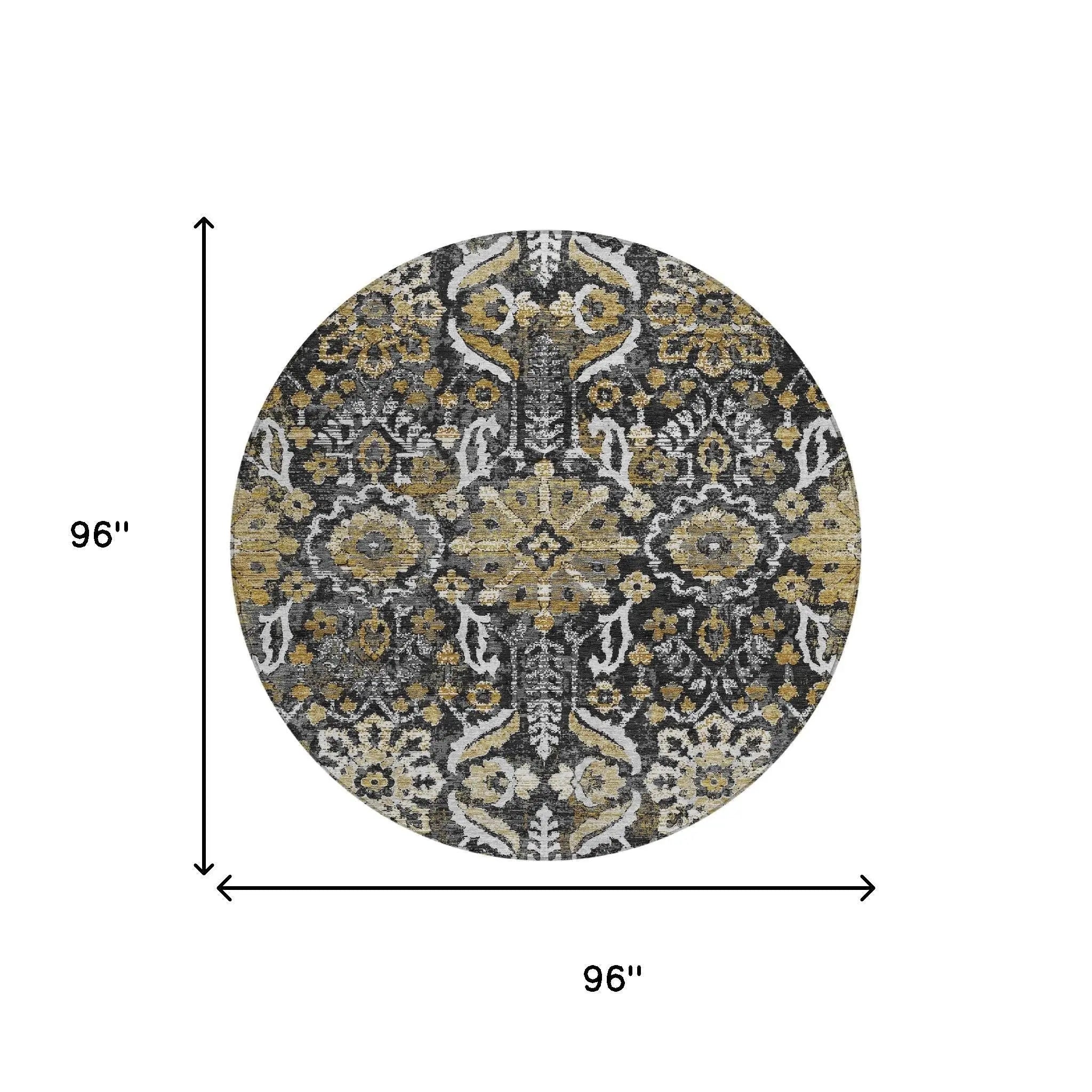 8' Black And Graphite Round Damask Washable Indoor Outdoor Area Rug Homeroots Outdoor