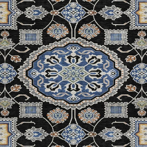 8' Black And Graphite Round Floral Medallion Washable Indoor Outdoor Area Rug Homeroots Outdoor
