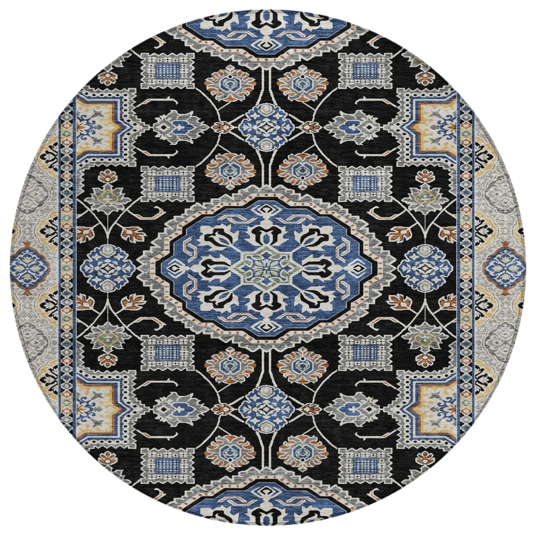 8' Black And Graphite Round Floral Medallion Washable Indoor Outdoor Area Rug Homeroots Outdoor