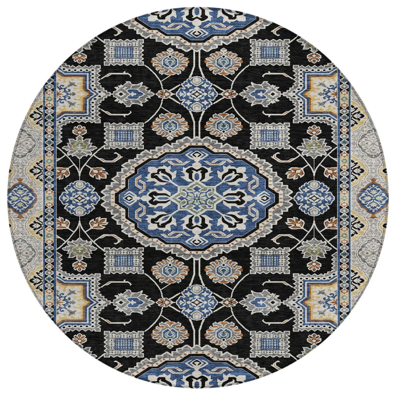 8' Black And Graphite Round Floral Medallion Washable Indoor Outdoor Area Rug Homeroots Outdoor
