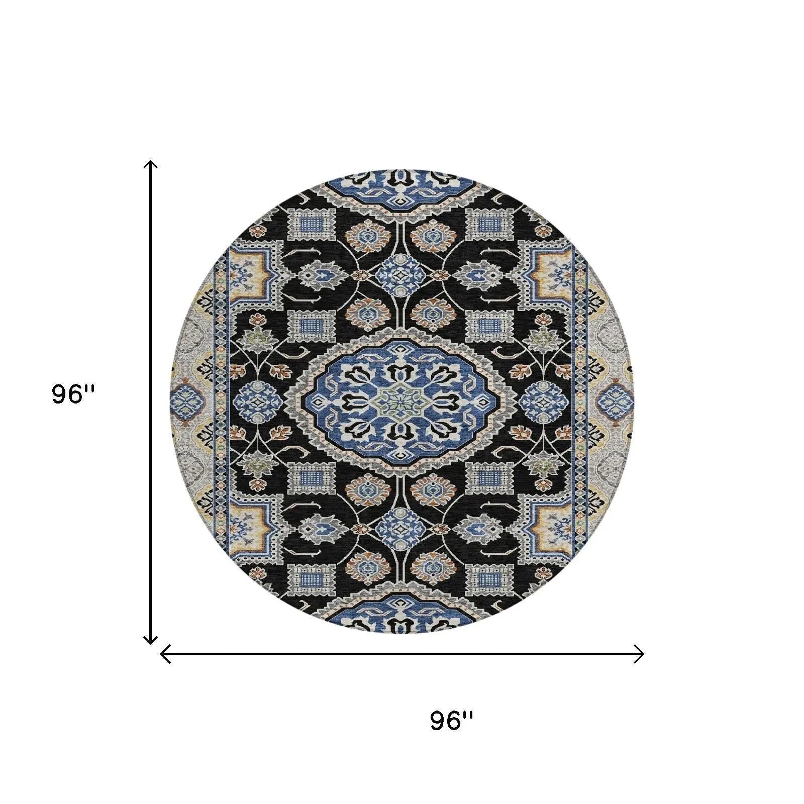 8' Black And Graphite Round Floral Medallion Washable Indoor Outdoor Area Rug Homeroots Outdoor