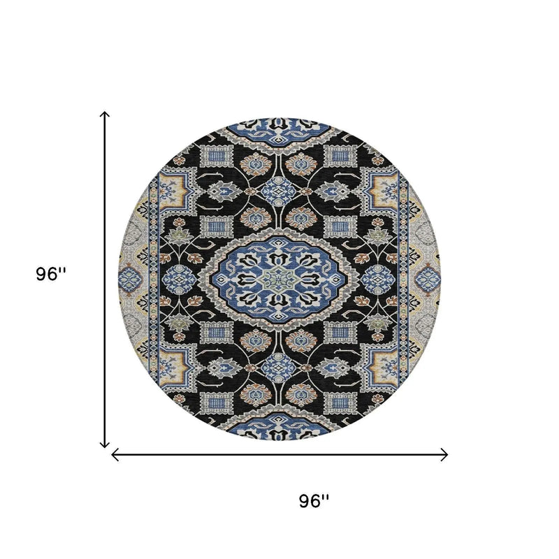 8' Black And Graphite Round Floral Medallion Washable Indoor Outdoor Area Rug Homeroots Outdoor