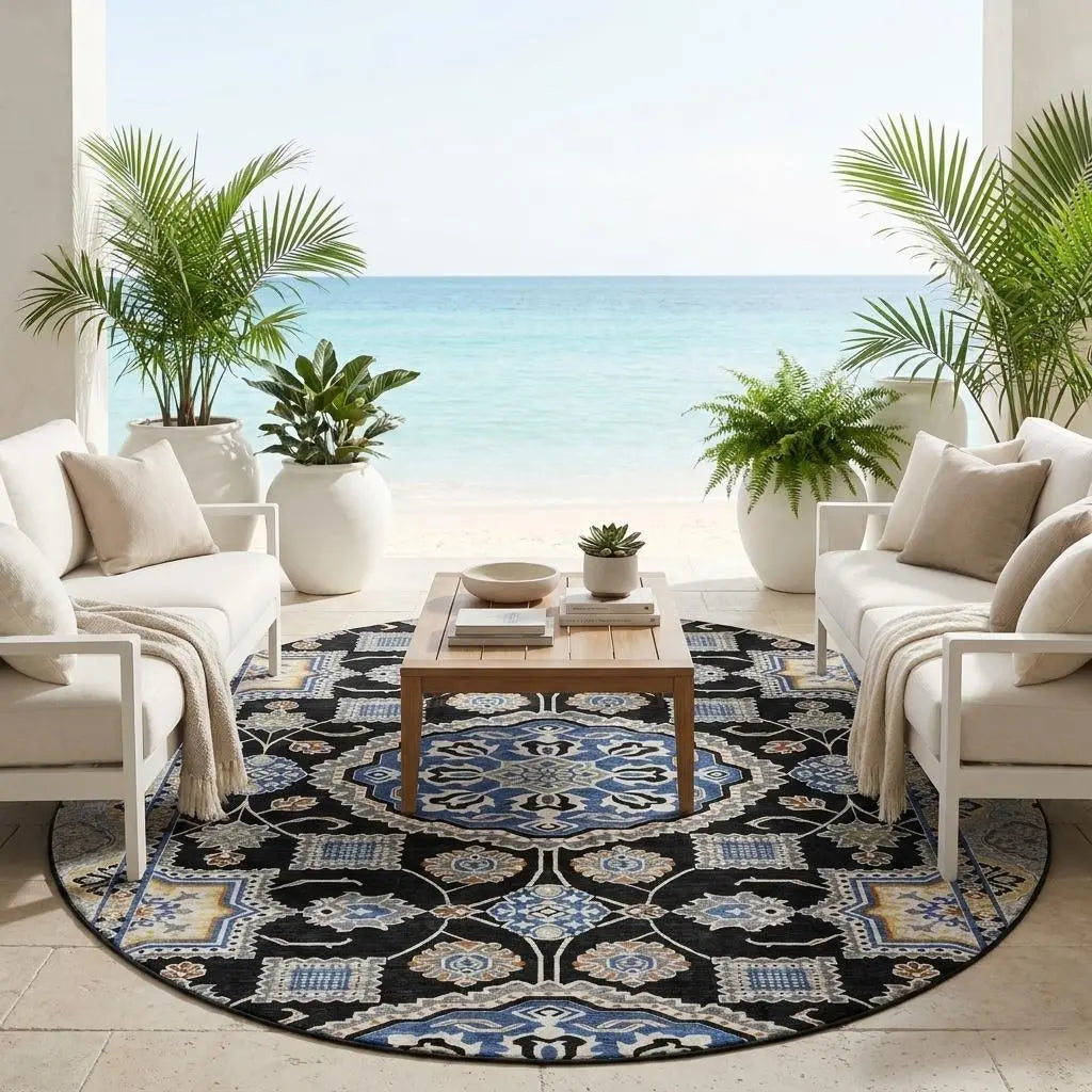 8' Black And Graphite Round Floral Medallion Washable Indoor Outdoor Area Rug Homeroots Outdoor