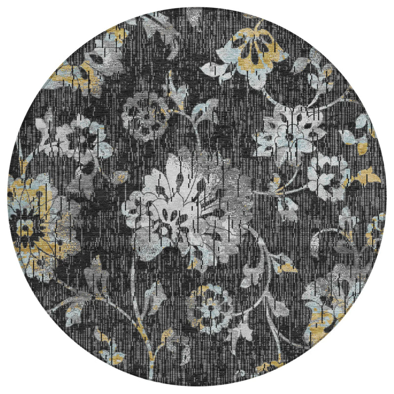 8' Black And Graphite Round Floral Washable Indoor Outdoor Area Rug Homeroots Outdoor