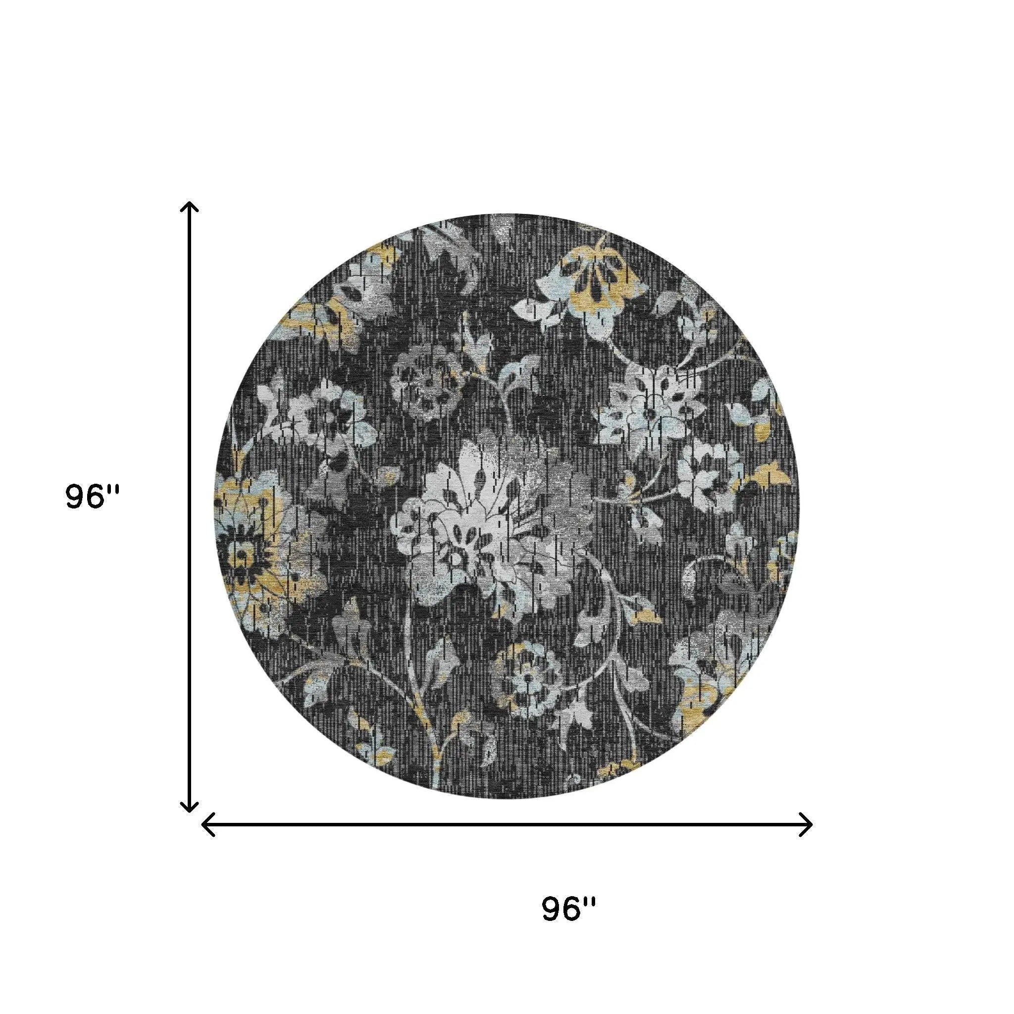 8' Black And Graphite Round Floral Washable Indoor Outdoor Area Rug Homeroots Outdoor