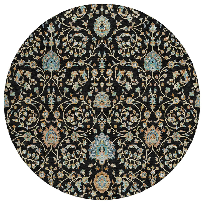 8' Black And Graphite Round Floral Washable Indoor Outdoor Area Rug Homeroots Outdoor