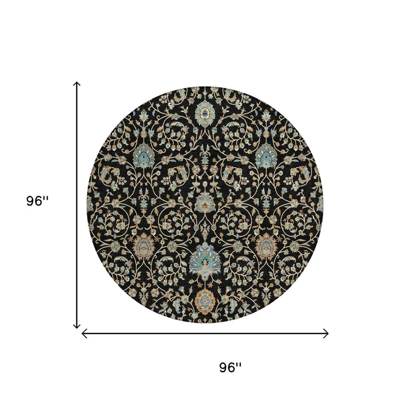 8' Black And Graphite Round Floral Washable Indoor Outdoor Area Rug Homeroots Outdoor