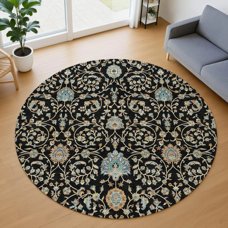 8' Black And Graphite Round Floral Washable Indoor Outdoor Area Rug Homeroots Outdoor