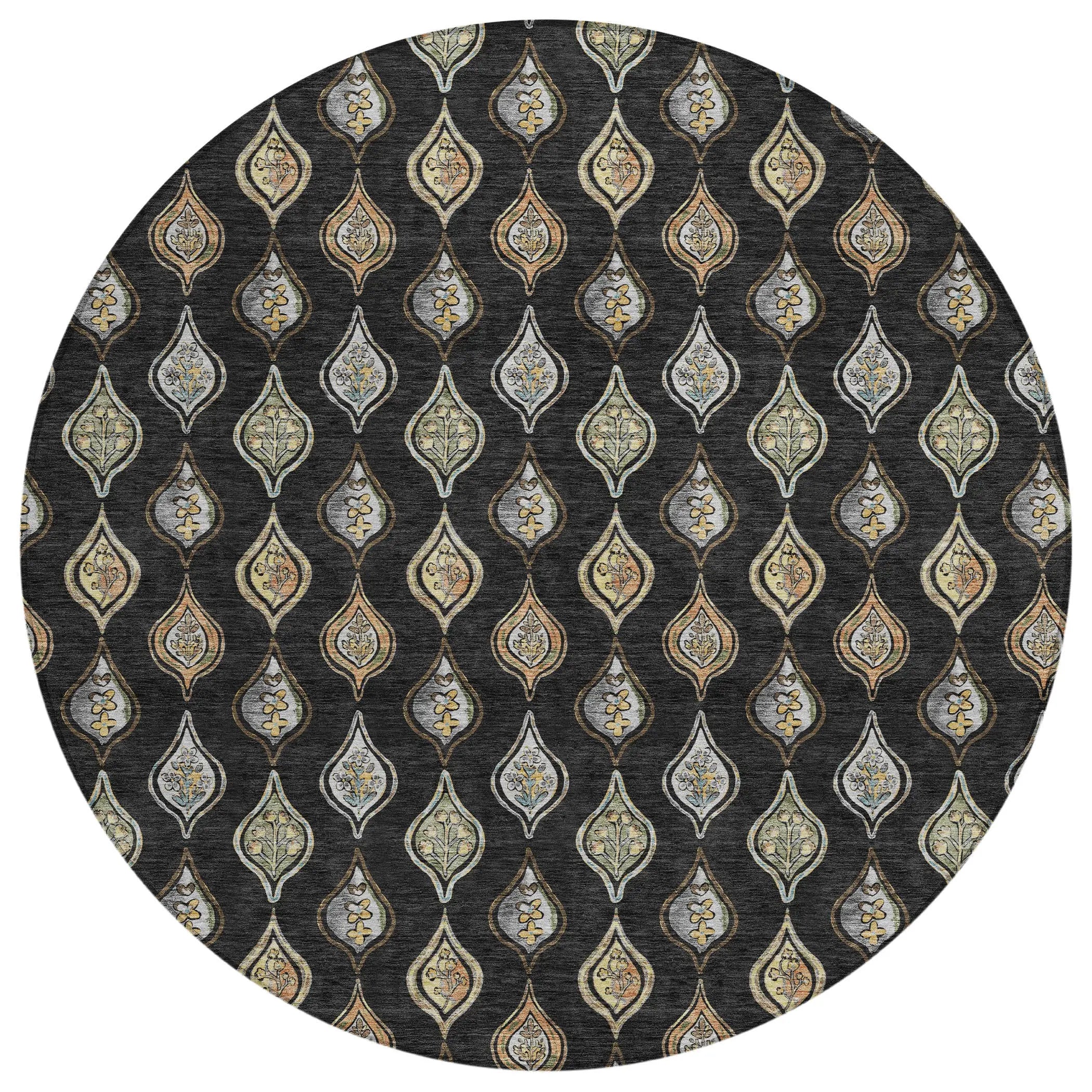 8' Black And Graphite Round Floral Washable Indoor Outdoor Area Rug Homeroots Outdoor