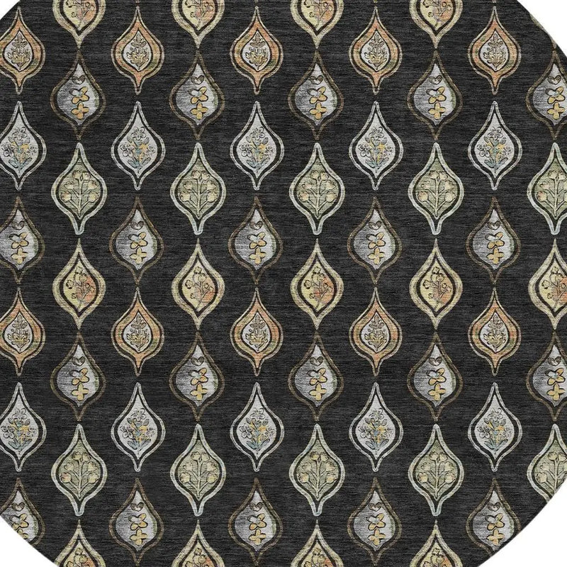 8' Black And Graphite Round Floral Washable Indoor Outdoor Area Rug Homeroots Outdoor