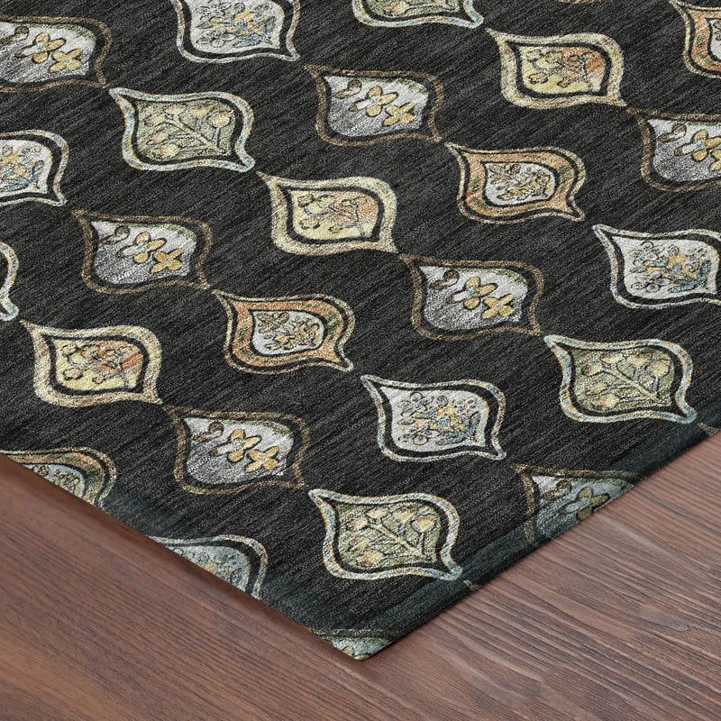 8' Black And Graphite Round Floral Washable Indoor Outdoor Area Rug Homeroots Outdoor