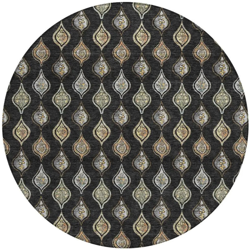 8' Black And Graphite Round Floral Washable Indoor Outdoor Area Rug Homeroots Outdoor
