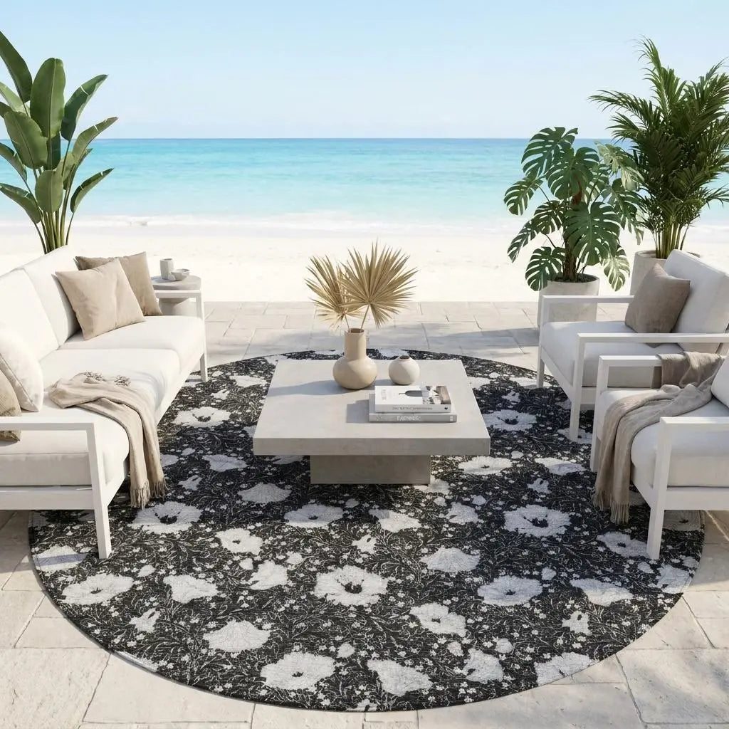 8' Black And Graphite Round Floral Washable Indoor Outdoor Area Rug Homeroots Outdoor