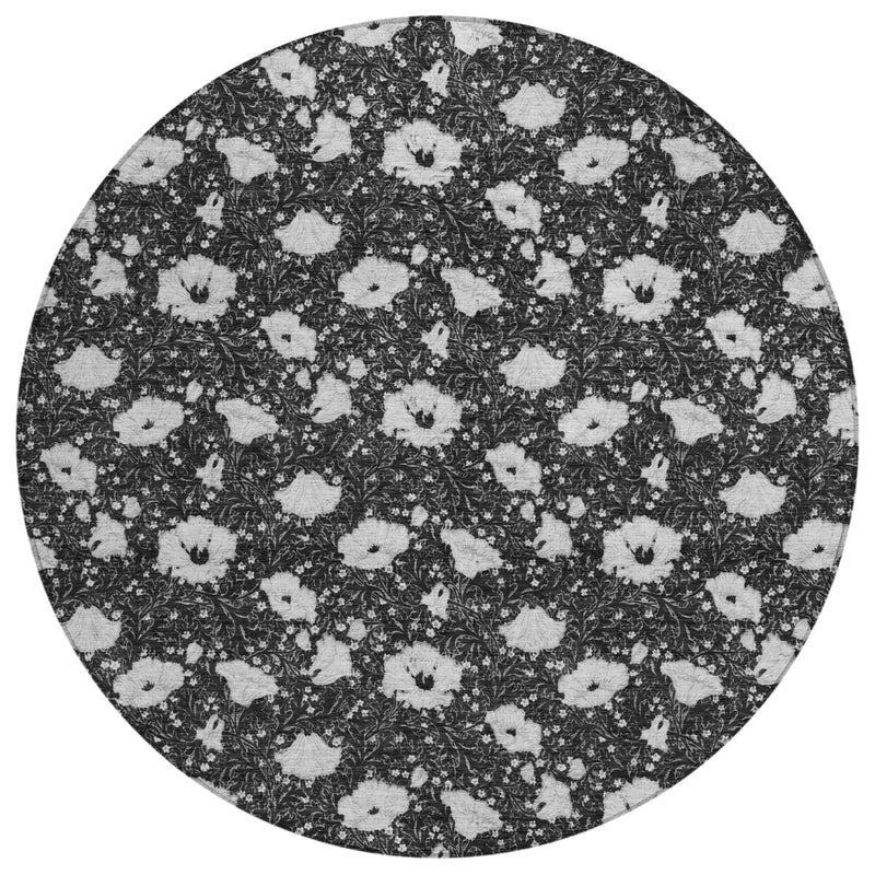 8' Black And Graphite Round Floral Washable Indoor Outdoor Area Rug Homeroots Outdoor