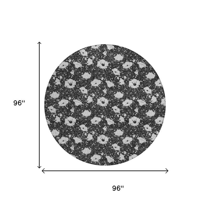 8' Black And Graphite Round Floral Washable Indoor Outdoor Area Rug Homeroots Outdoor