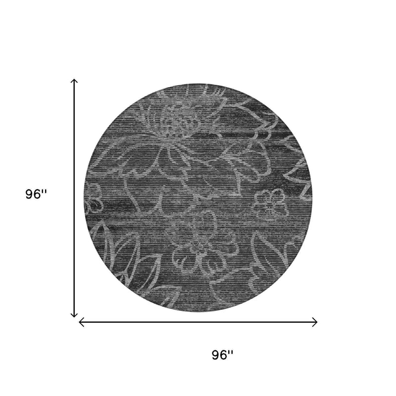 8' Black And Graphite Round Floral Washable Indoor Outdoor Area Rug Homeroots Outdoor