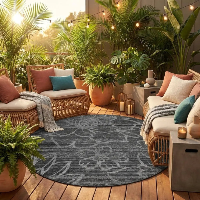 8' Black And Graphite Round Floral Washable Indoor Outdoor Area Rug Homeroots Outdoor