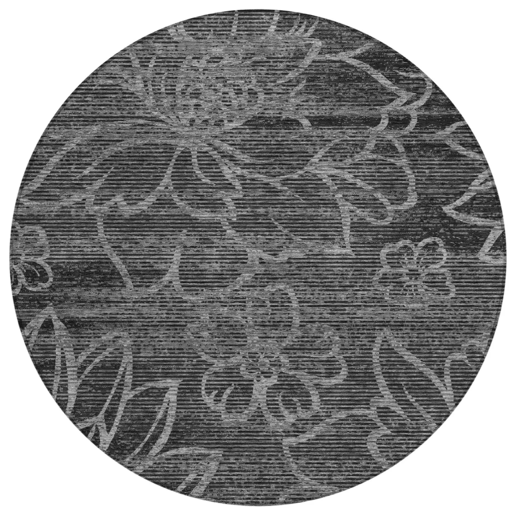 8' Black And Graphite Round Floral Washable Indoor Outdoor Area Rug Homeroots Outdoor