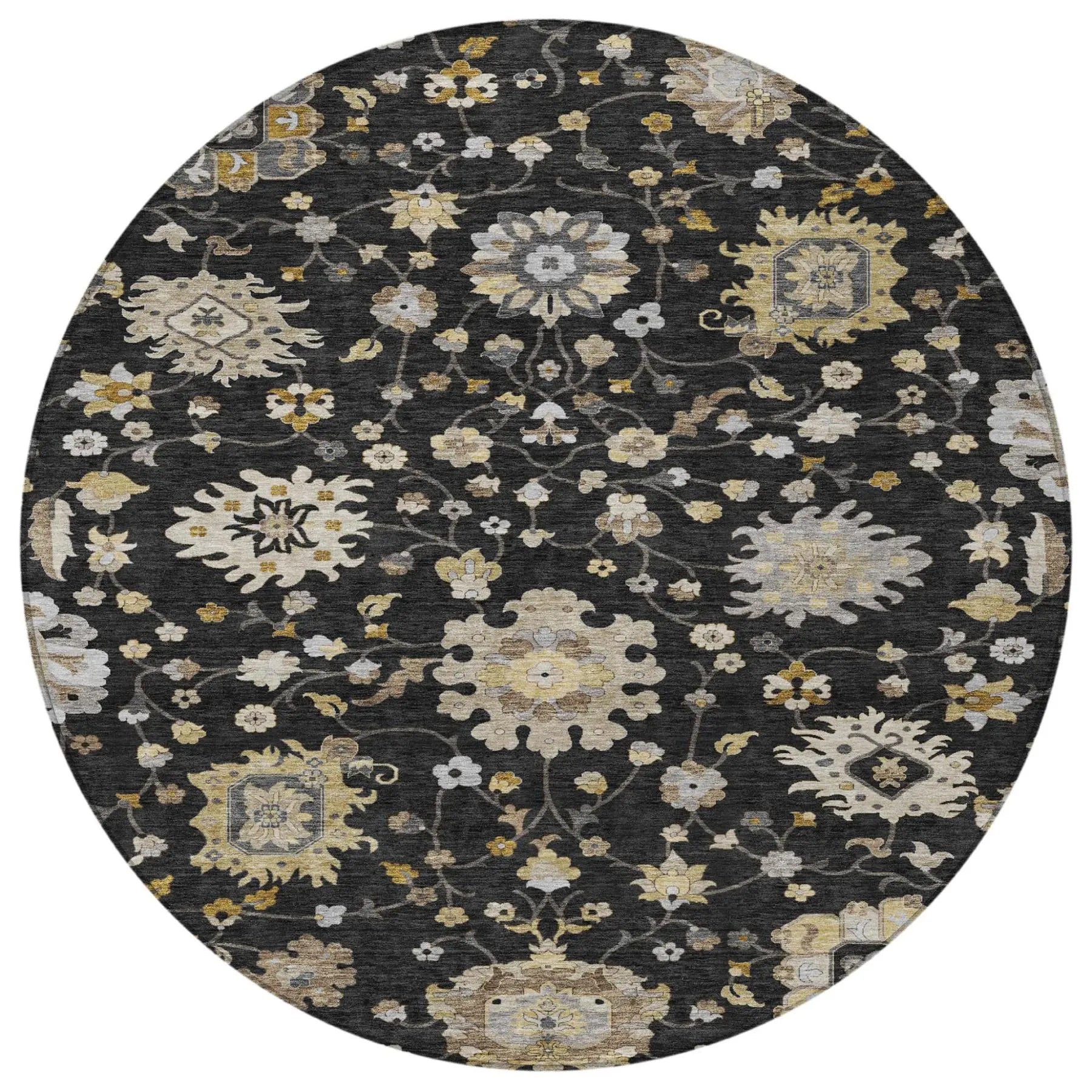 8' Black And Graphite Round Floral Washable Indoor Outdoor Area Rug Homeroots Outdoor