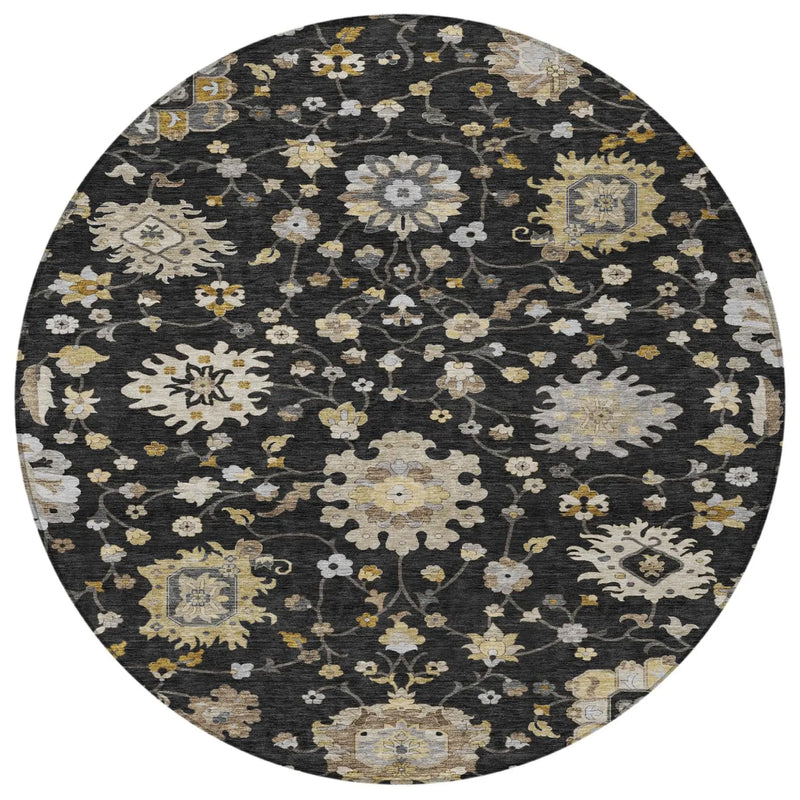 8' Black And Graphite Round Floral Washable Indoor Outdoor Area Rug Homeroots Outdoor