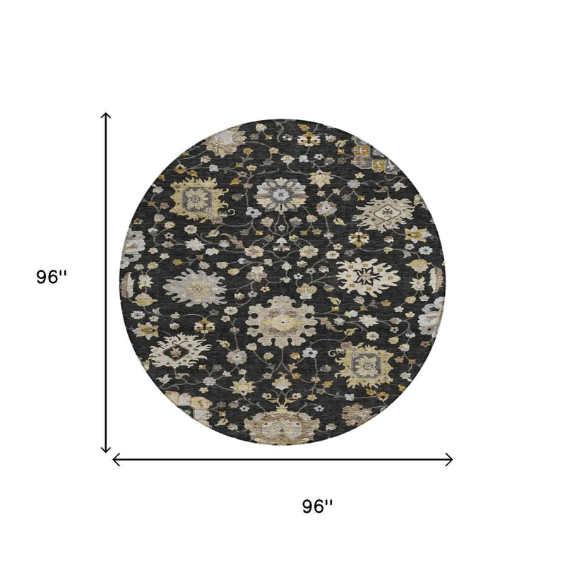 8' Black And Graphite Round Floral Washable Indoor Outdoor Area Rug Homeroots Outdoor