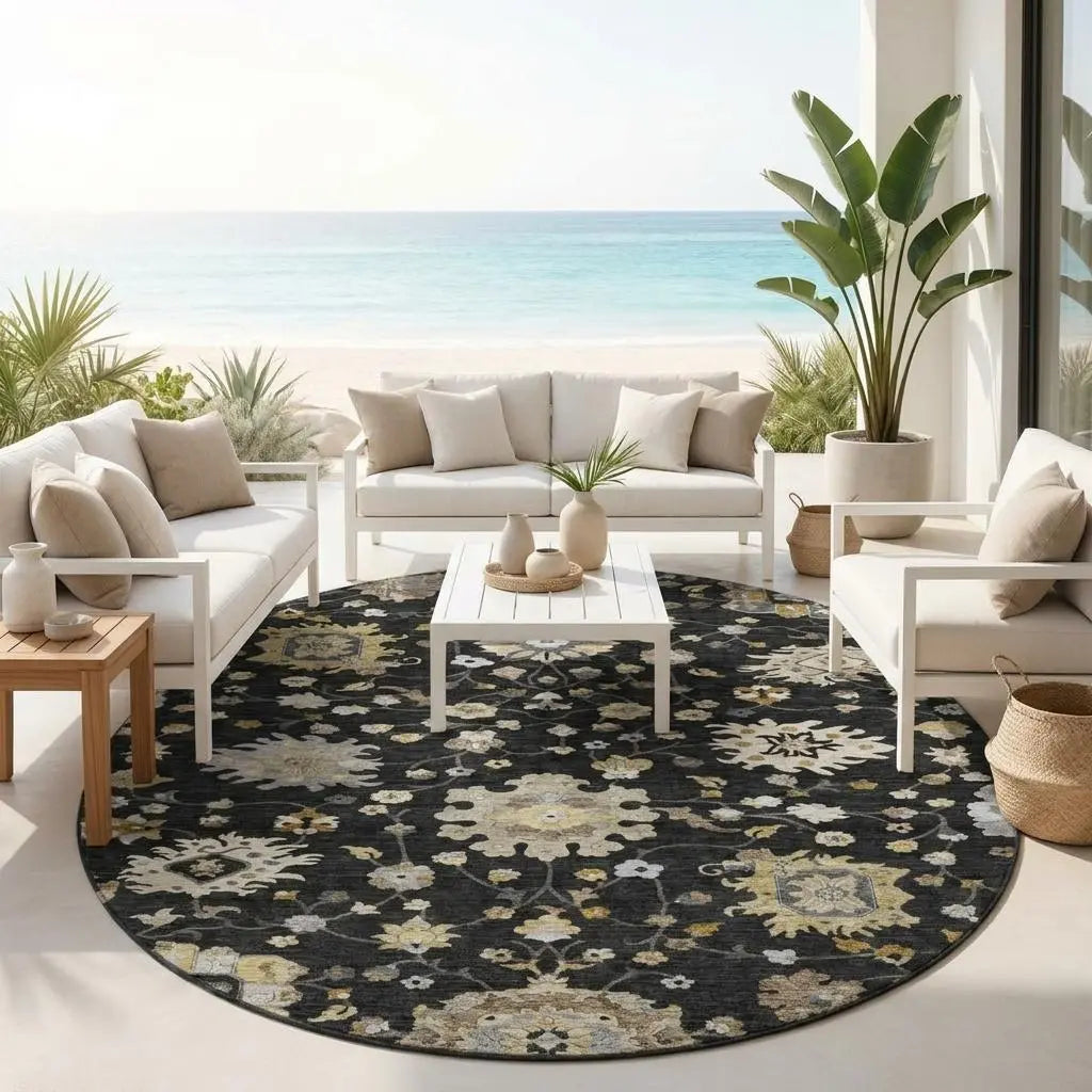 8' Black And Graphite Round Floral Washable Indoor Outdoor Area Rug Homeroots Outdoor