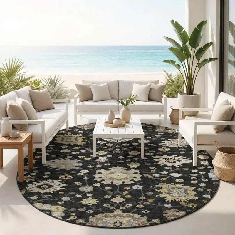 8' Black And Graphite Round Floral Washable Indoor Outdoor Area Rug Homeroots Outdoor