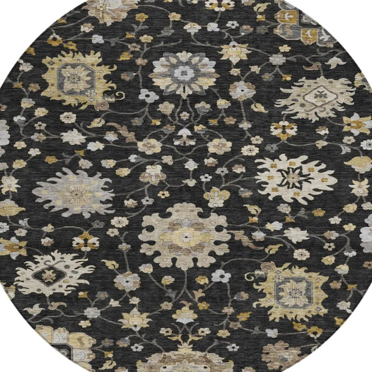 8' Black And Graphite Round Floral Washable Indoor Outdoor Area Rug Homeroots Outdoor