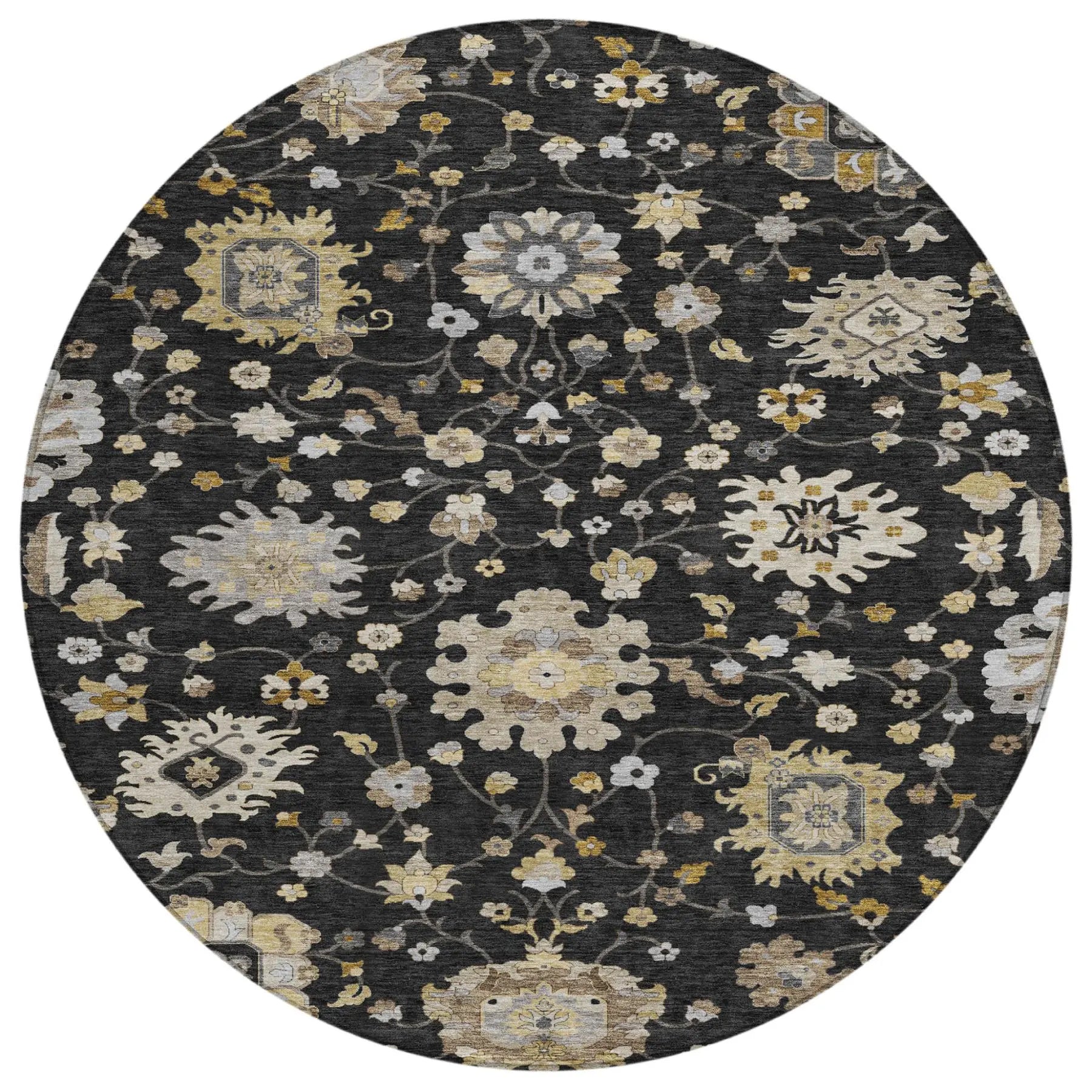 8' Black And Graphite Round Floral Washable Indoor Outdoor Area Rug Homeroots Outdoor