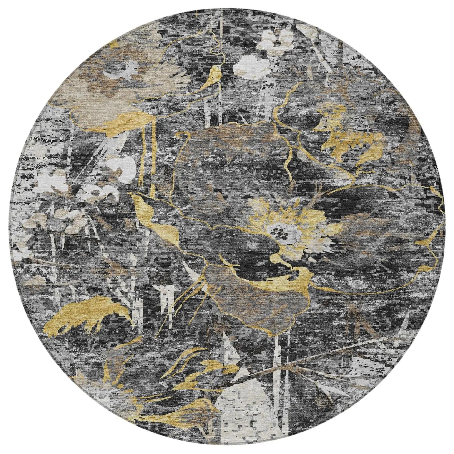 8' Black And Graphite Round Floral Washable Indoor Outdoor Area Rug Homeroots Outdoor