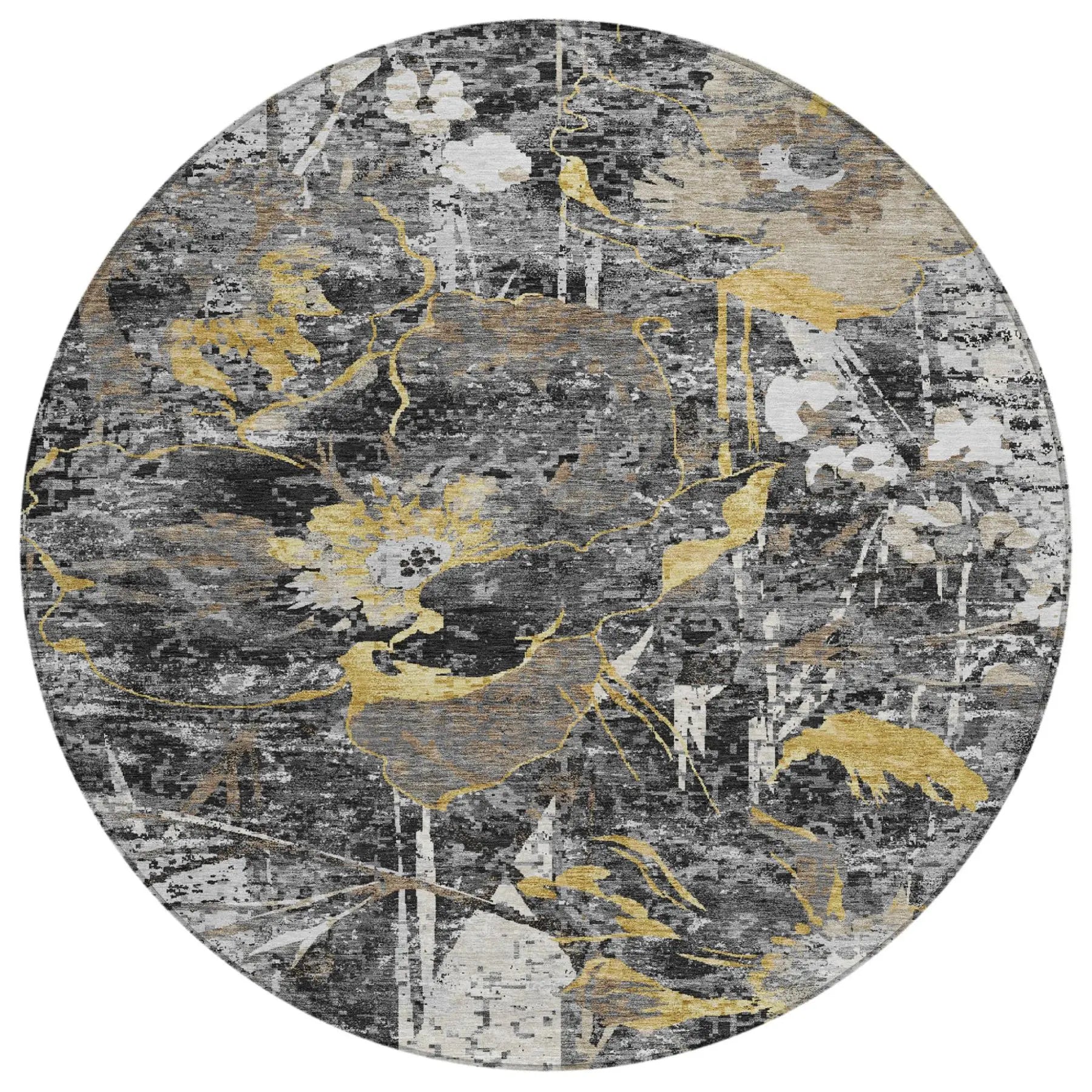 8' Black And Graphite Round Floral Washable Indoor Outdoor Area Rug Homeroots Outdoor