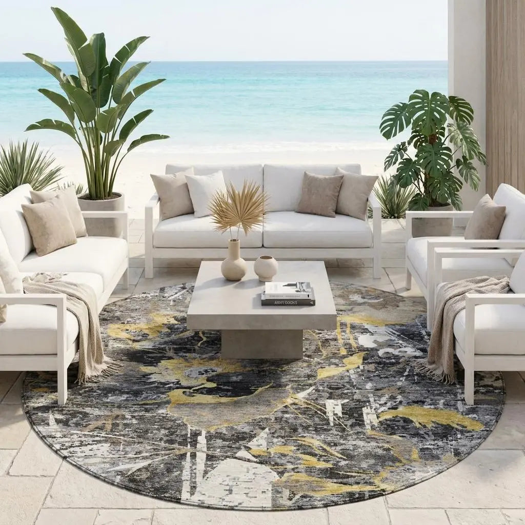 8' Black And Graphite Round Floral Washable Indoor Outdoor Area Rug Homeroots Outdoor