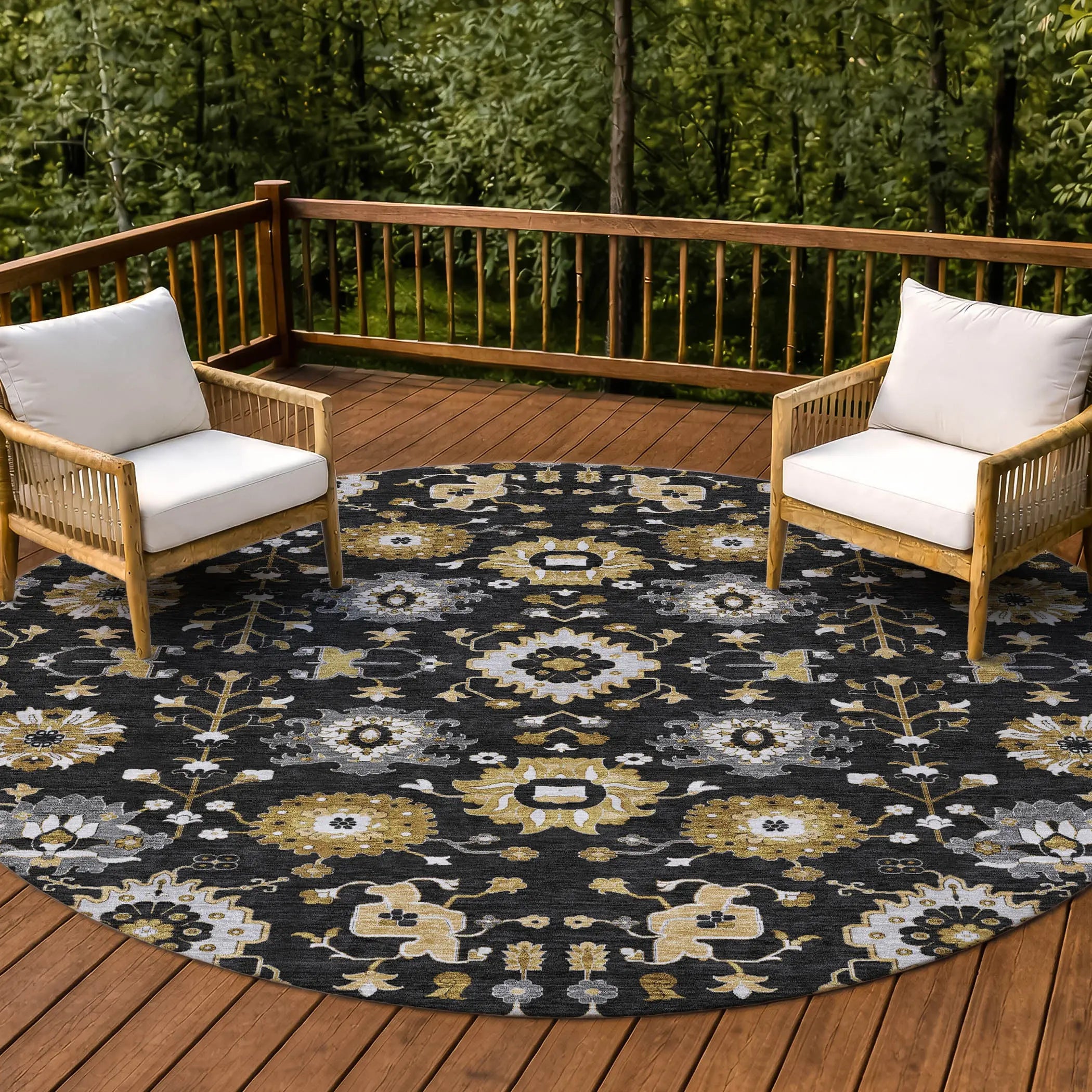 8' Black And Graphite Round Geometric Washable Indoor Outdoor Area Rug Homeroots Outdoor