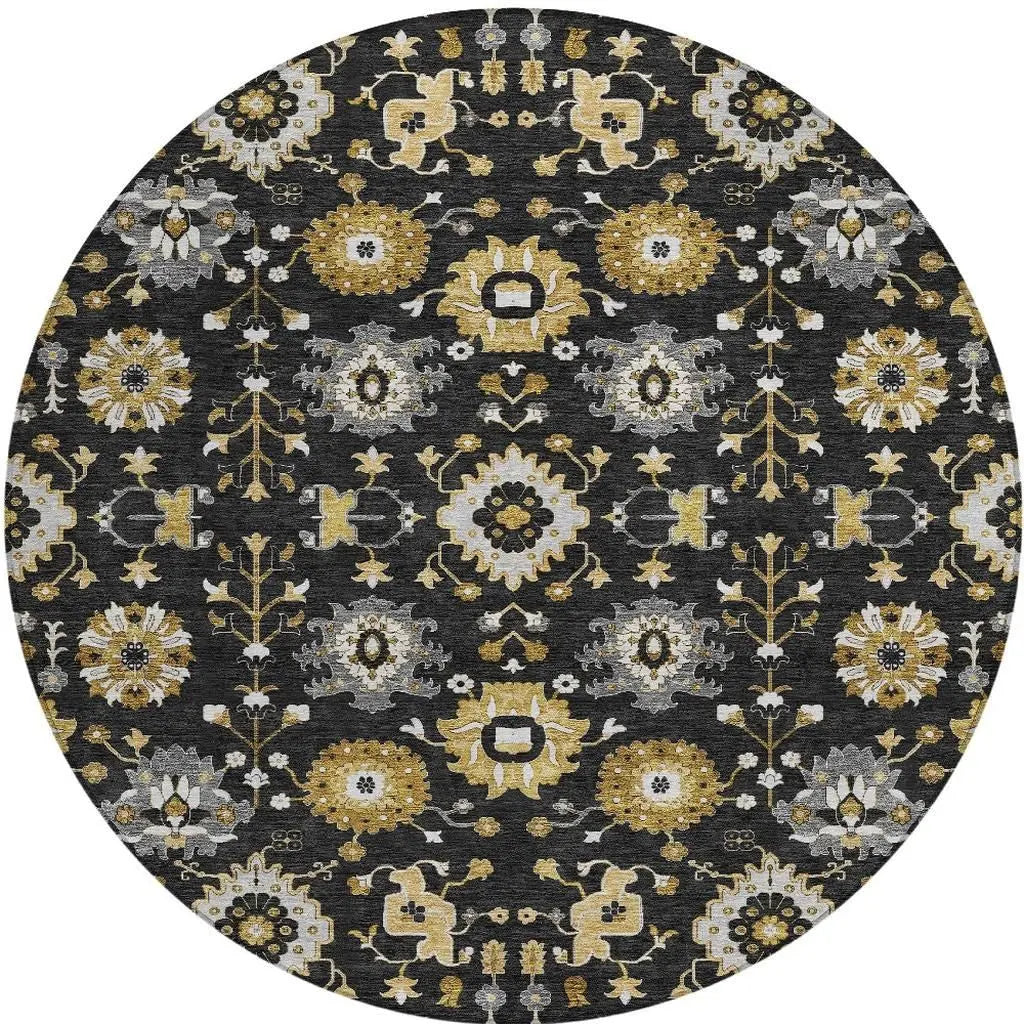8' Black And Graphite Round Geometric Washable Indoor Outdoor Area Rug Homeroots Outdoor