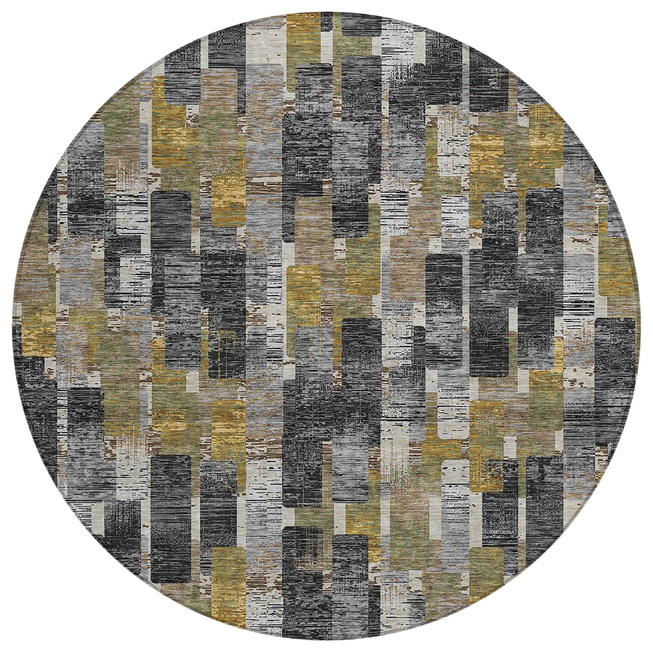 8' Black And Graphite Round Geometric Washable Indoor Outdoor Area Rug Homeroots Outdoor