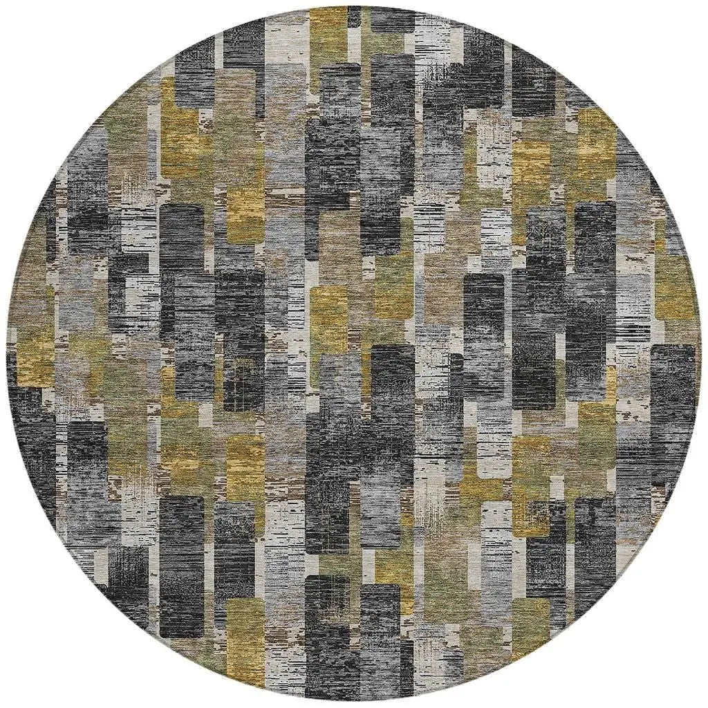 8' Black And Graphite Round Geometric Washable Indoor Outdoor Area Rug Homeroots Outdoor
