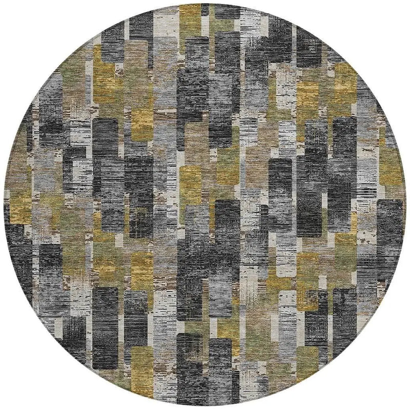 8' Black And Graphite Round Geometric Washable Indoor Outdoor Area Rug Homeroots Outdoor