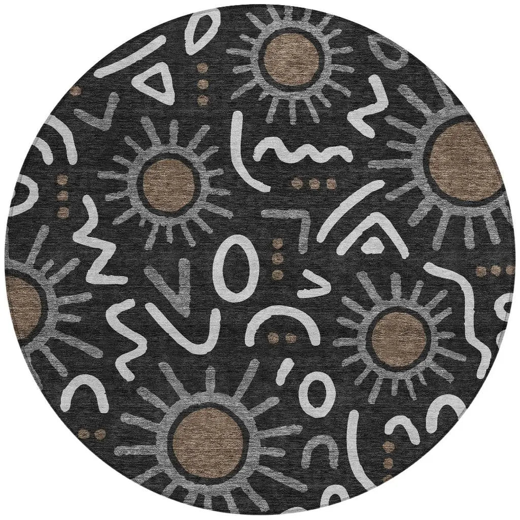 8' Black And Graphite Round Geometric Washable Indoor Outdoor Area Rug Homeroots Outdoor