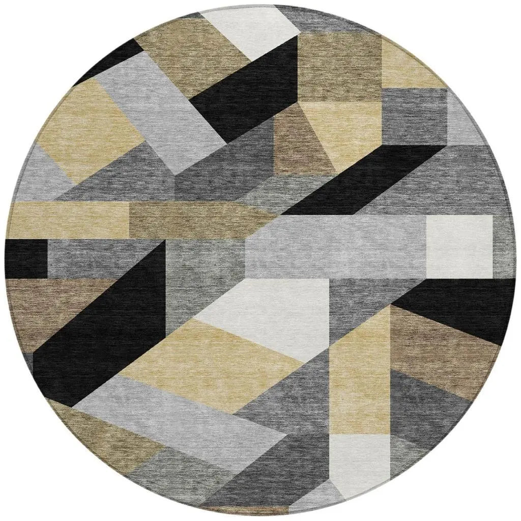 8' Black And Graphite Round Geometric Washable Indoor Outdoor Area Rug Homeroots Outdoor