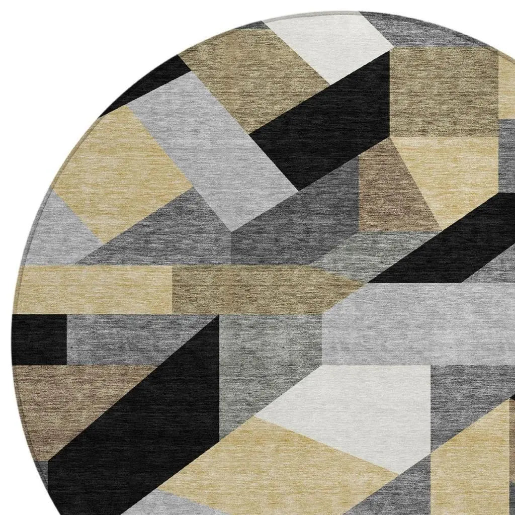 8' Black And Graphite Round Geometric Washable Indoor Outdoor Area Rug Homeroots Outdoor