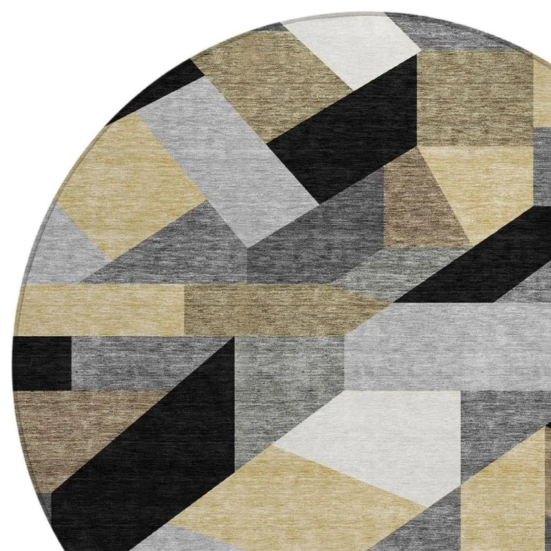 8' Black And Graphite Round Geometric Washable Indoor Outdoor Area Rug Homeroots Outdoor