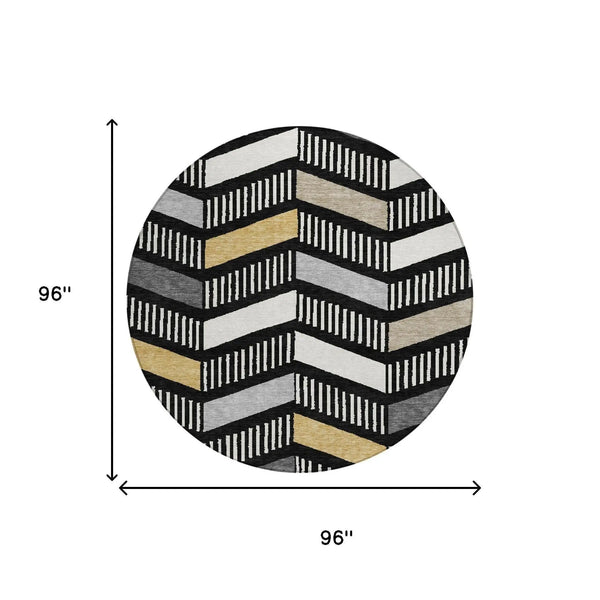 8' Black And Graphite Round Geometric Washable Indoor Outdoor Area Rug Homeroots Outdoor