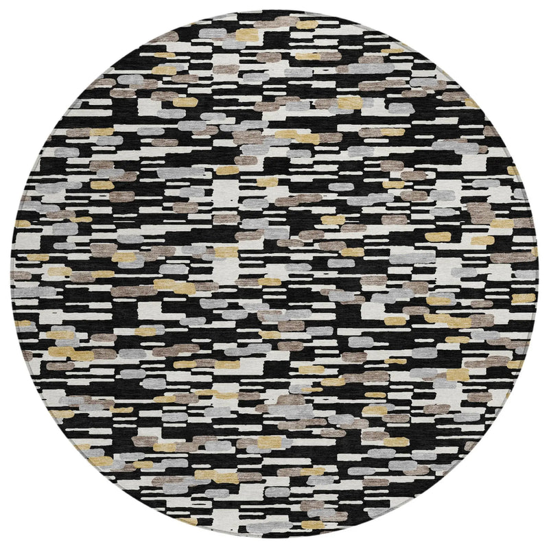 8' Black And Graphite Round Geometric Washable Indoor Outdoor Area Rug Homeroots Outdoor