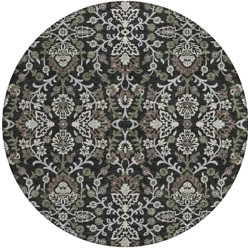 8' Black And Graphite Round Geometric Washable Indoor Outdoor Area Rug Homeroots Outdoor