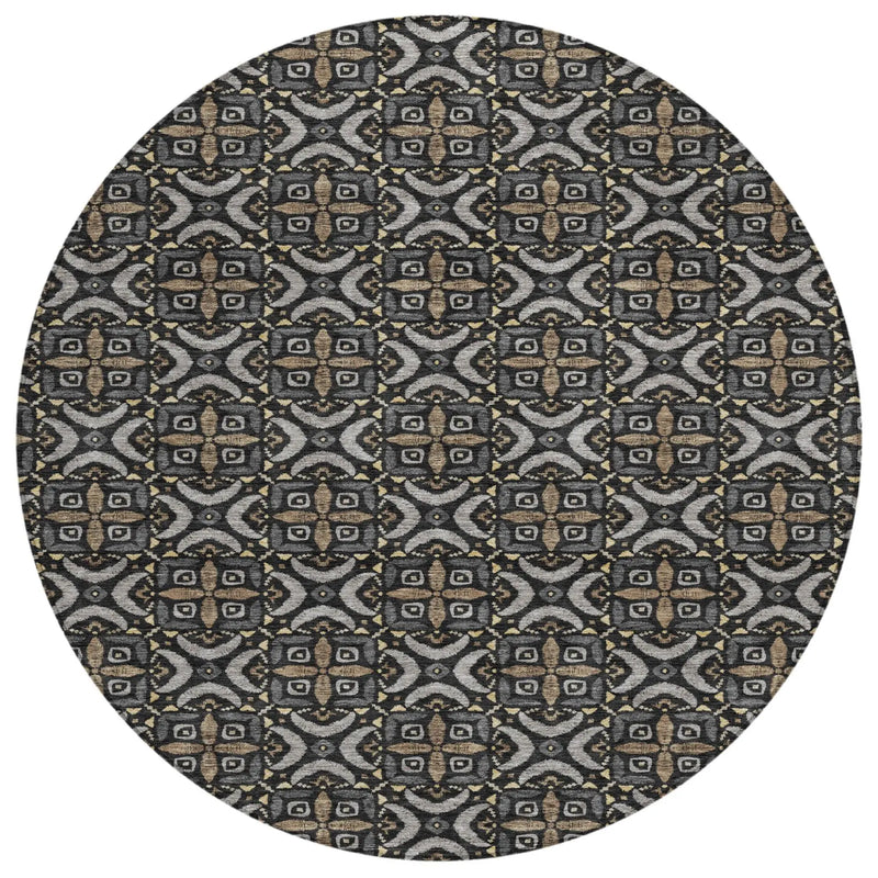 8' Black And Graphite Round Geometric Washable Indoor Outdoor Area Rug Homeroots Outdoor